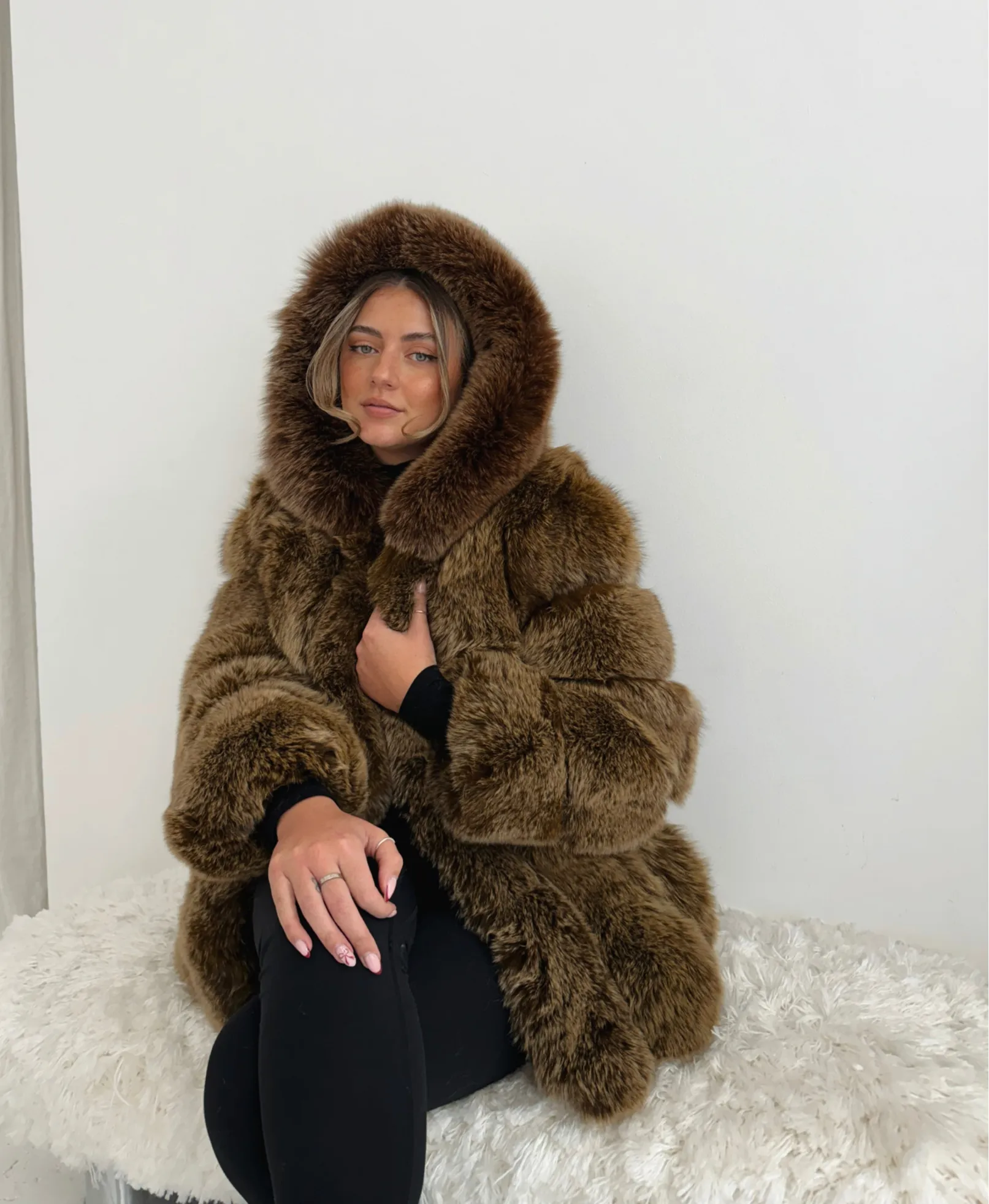 Luxe Hooded Straight Rows Fur Coat