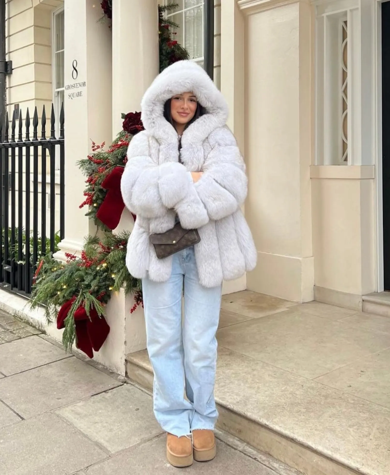 Luxe Hooded Straight Rows Fur Coat