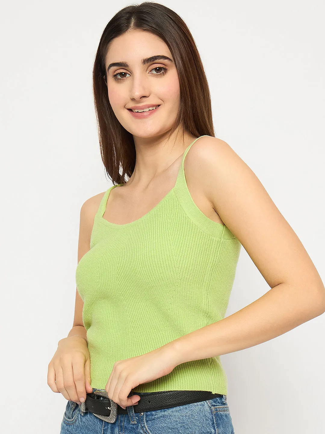 Madame Sleeveless Solid Green Ribbed Knit Sweater