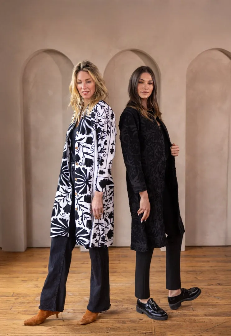 MALIKA COAT - Suzani Embroidery BLACK & WHITE