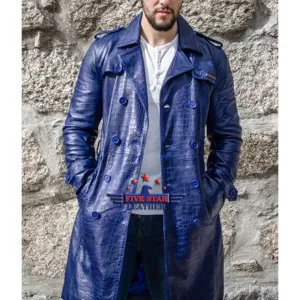 Men Real Real Hide Leather Embossed Jacket Coat Royal Blue
