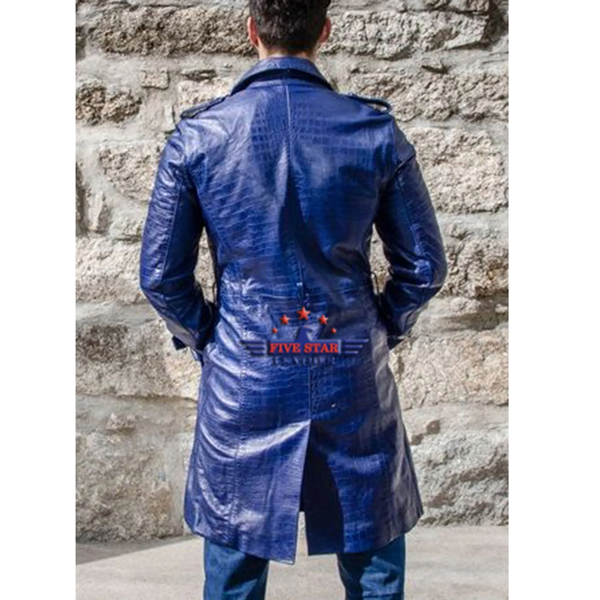 Men Real Real Hide Leather Embossed Jacket Coat Royal Blue