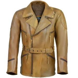 Mens 3/4 Length Eddie Biker Tan Distressed Leather Motorcycle Jacket