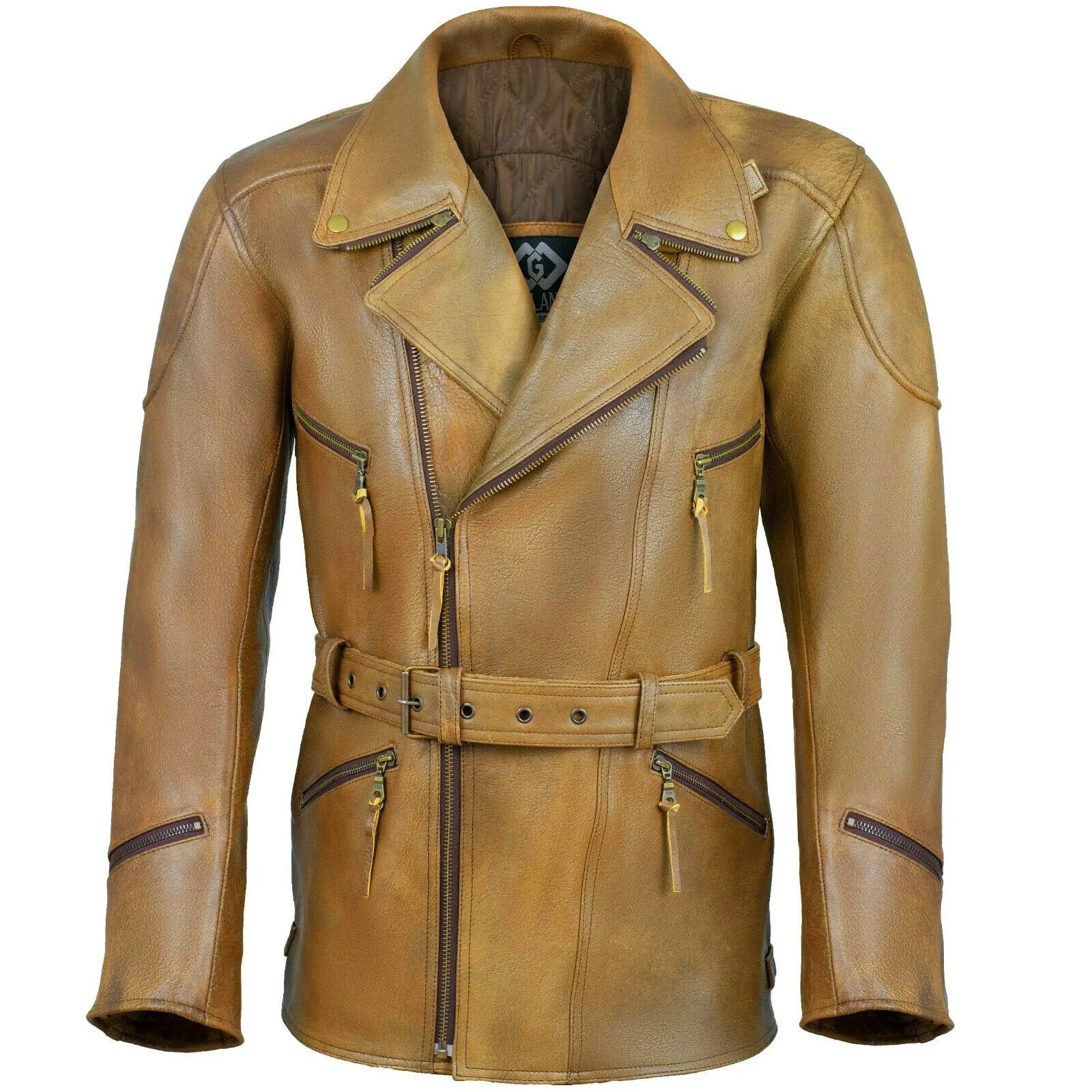 Mens 3/4 Length Eddie Biker Tan Distressed Leather Motorcycle Jacket