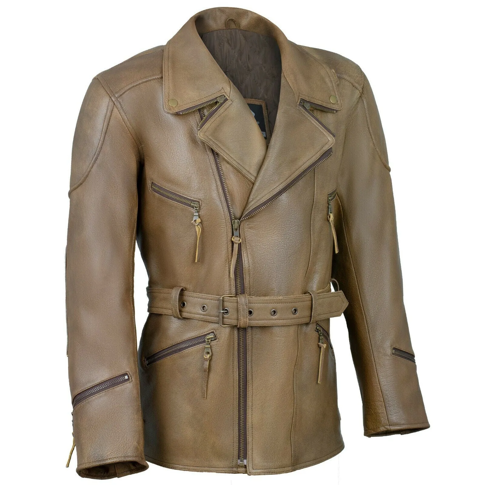 Mens 3/4 Length Eddie Biker Tan Distressed Leather Motorcycle Jacket