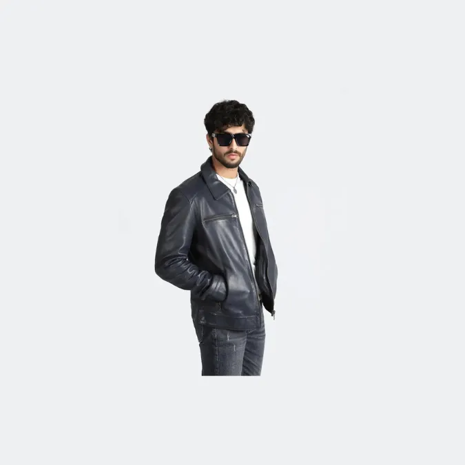 Mens Cafe Racer Style Real Sheep Leather Jacket Navy Blue Motorbike Fashion Jacket – ELM3