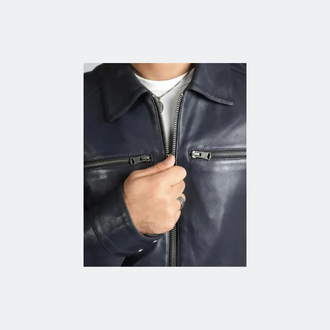 Mens Cafe Racer Style Real Sheep Leather Jacket Navy Blue Motorbike Fashion Jacket – ELM3