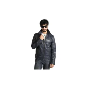 Mens Cafe Racer Style Real Sheep Leather Jacket Navy Blue Motorbike Fashion Jacket – ELM3