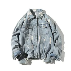 Men's denim jacket by Mesha, featuring a back patch