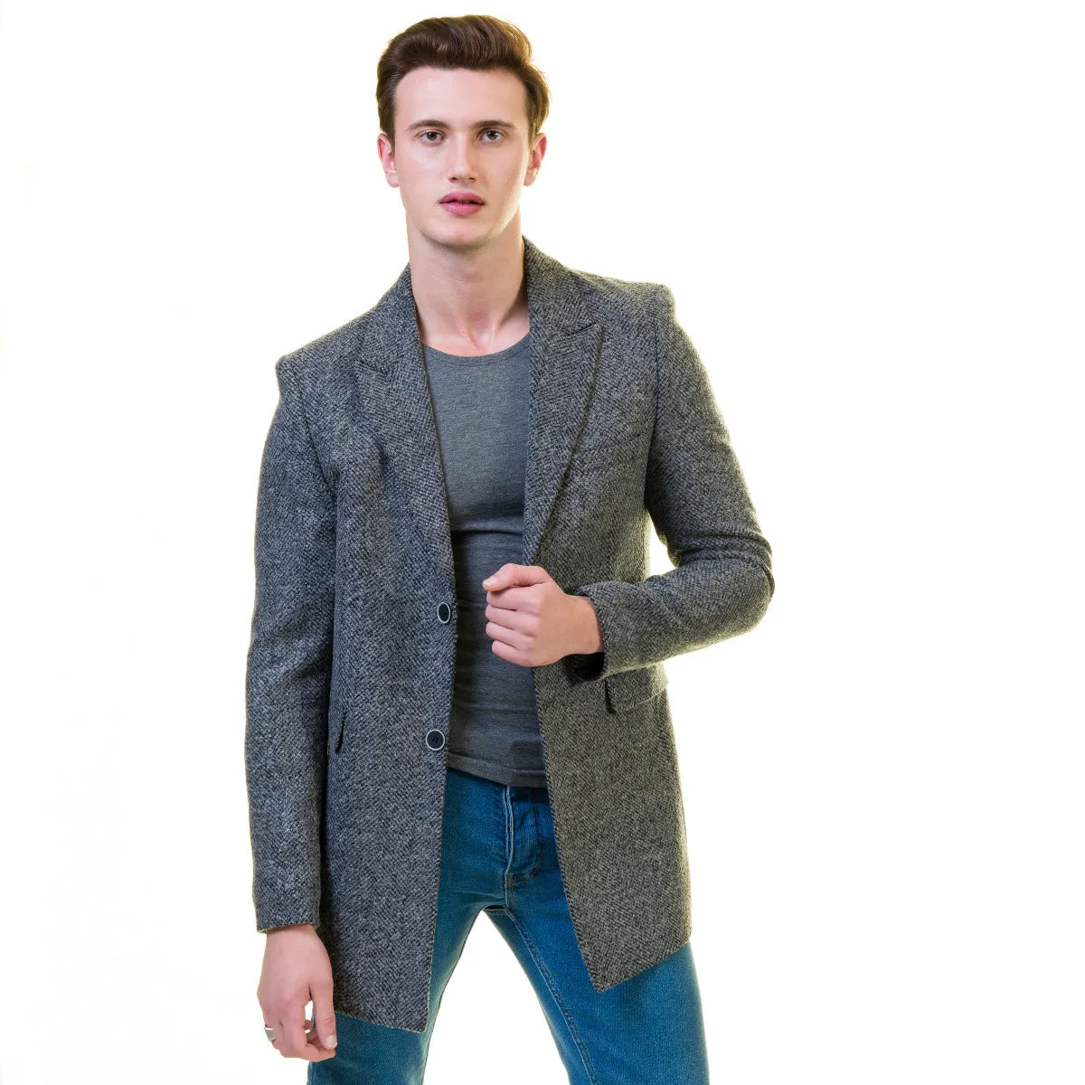 Men's European Grey Wool Coat Jacket Tailor fit Fine Luxury Quality Work and Casual