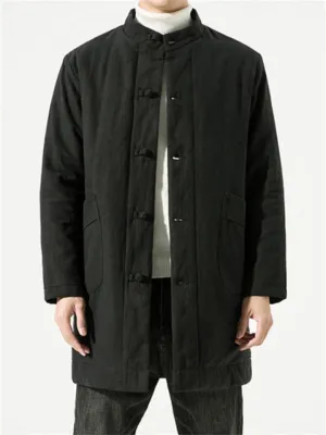 Men's Plain Winter Stand Collar Button Warm Cotton Coat