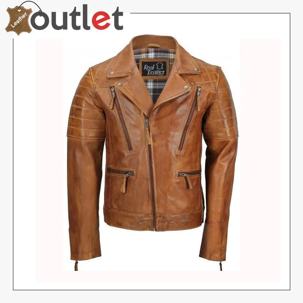 Men's Tan Sheep Leather Vintage Style Biker Jacket