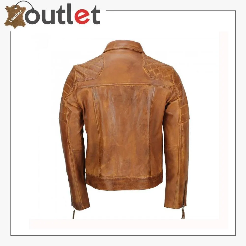 Men's Tan Sheep Leather Vintage Style Biker Jacket