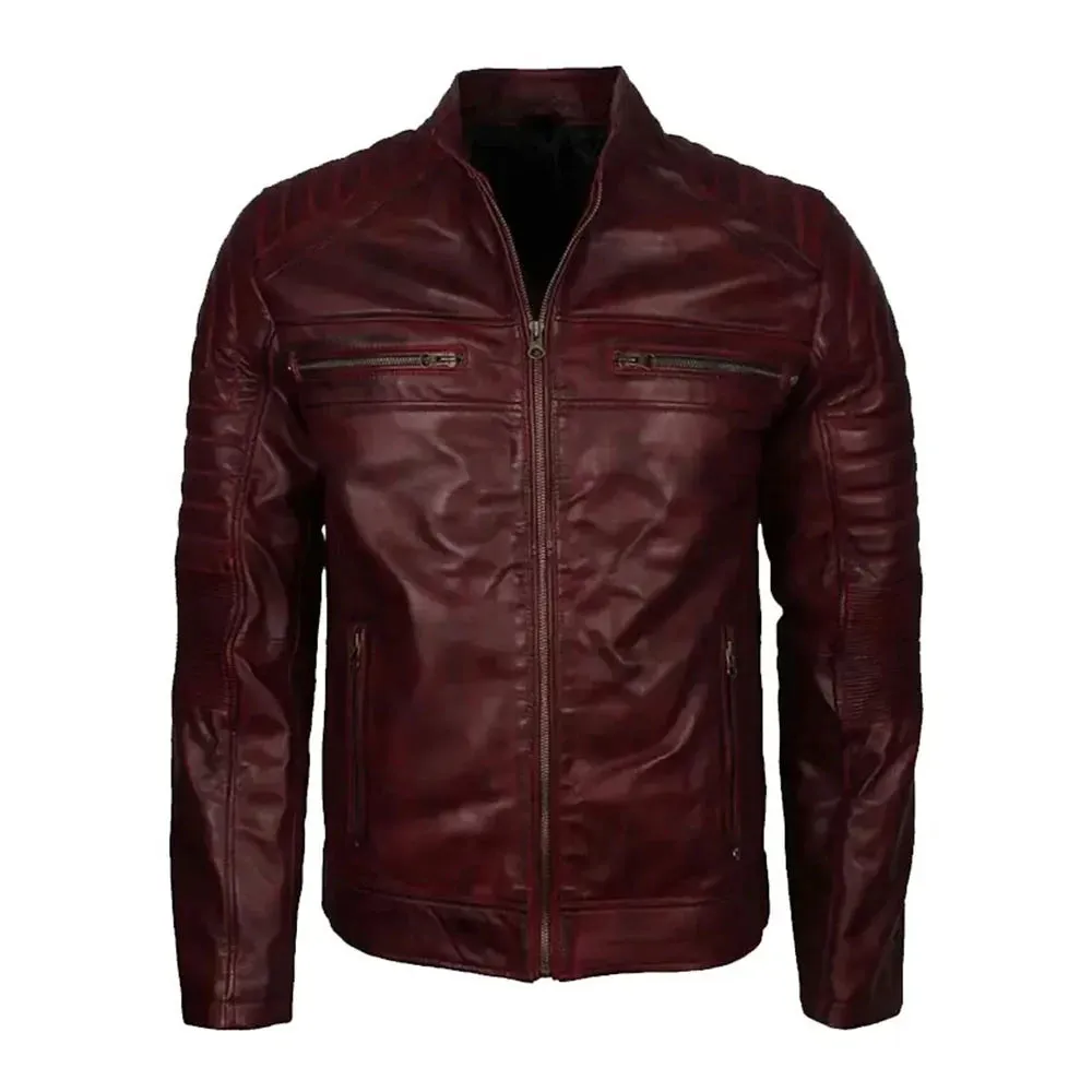 Men's Vintage Maroon Cafe Racer Waxed Jacket