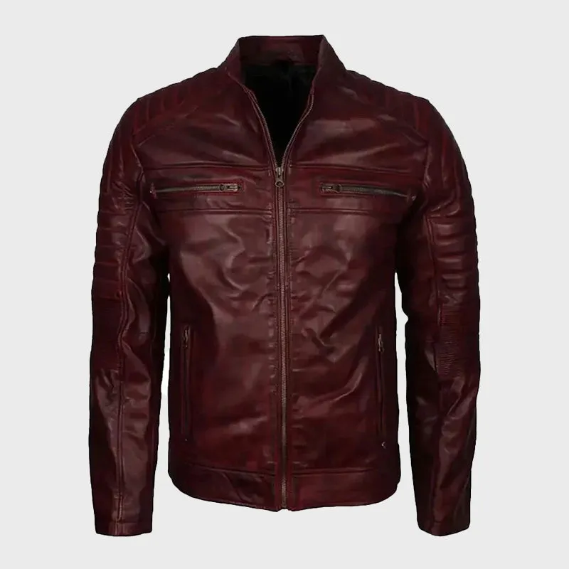 Men's Vintage Maroon Cafe Racer Waxed Jacket