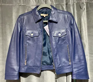 Michael Kors Leather 3/4 Sleeve Cropped Jacket Blue