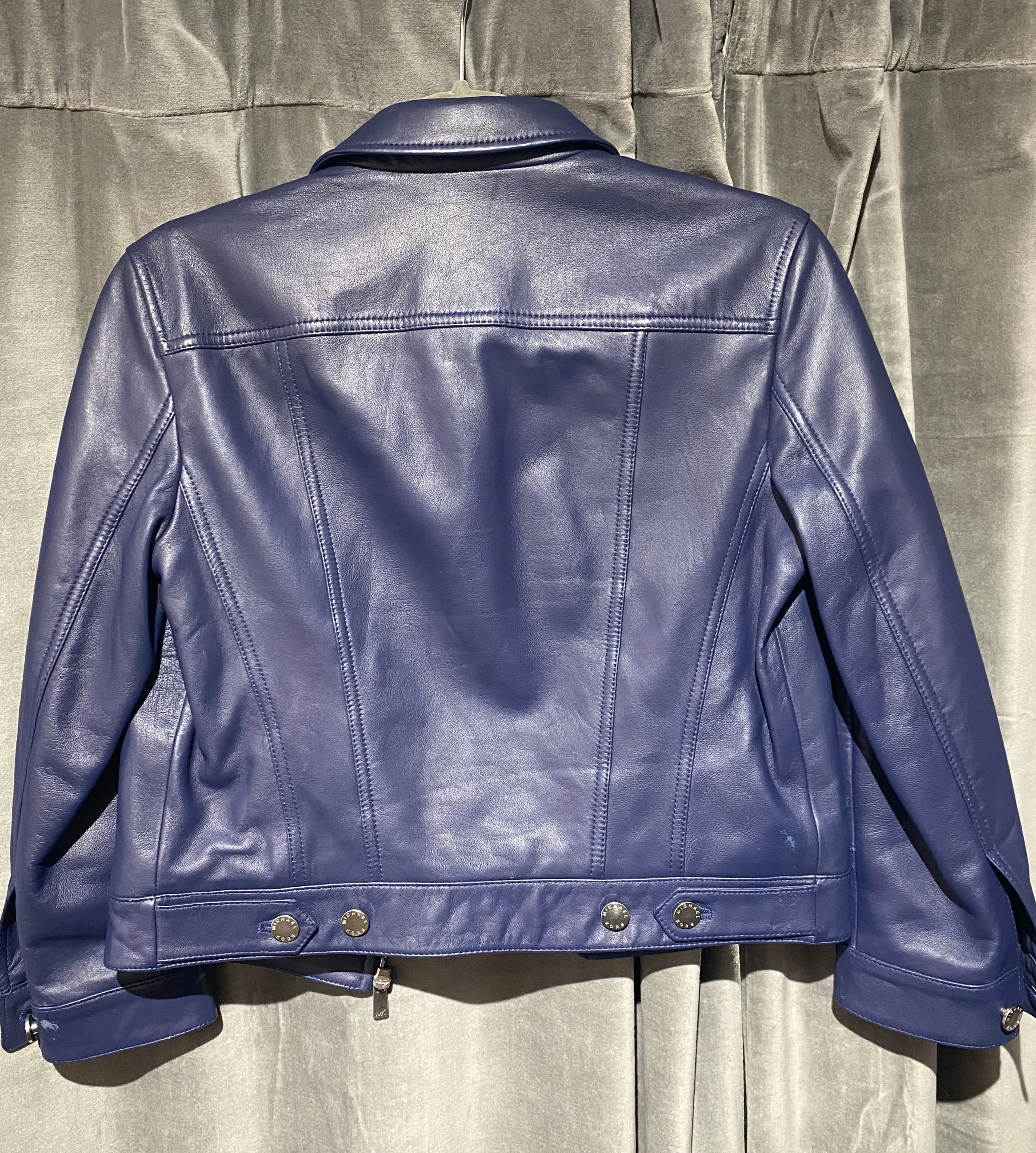 Michael Kors Leather 3/4 Sleeve Cropped Jacket Blue
