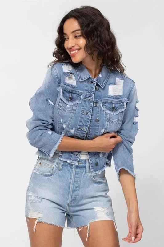MID LENGTH UNEVEN ALL OVERR FRAY EDGES JACKET