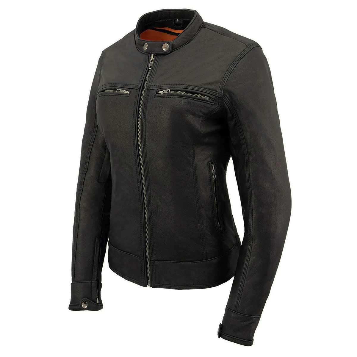 MLL2551 Women's Scooter Black Leather Vented Lightweight Triple Stitch Motorcycle Jacket