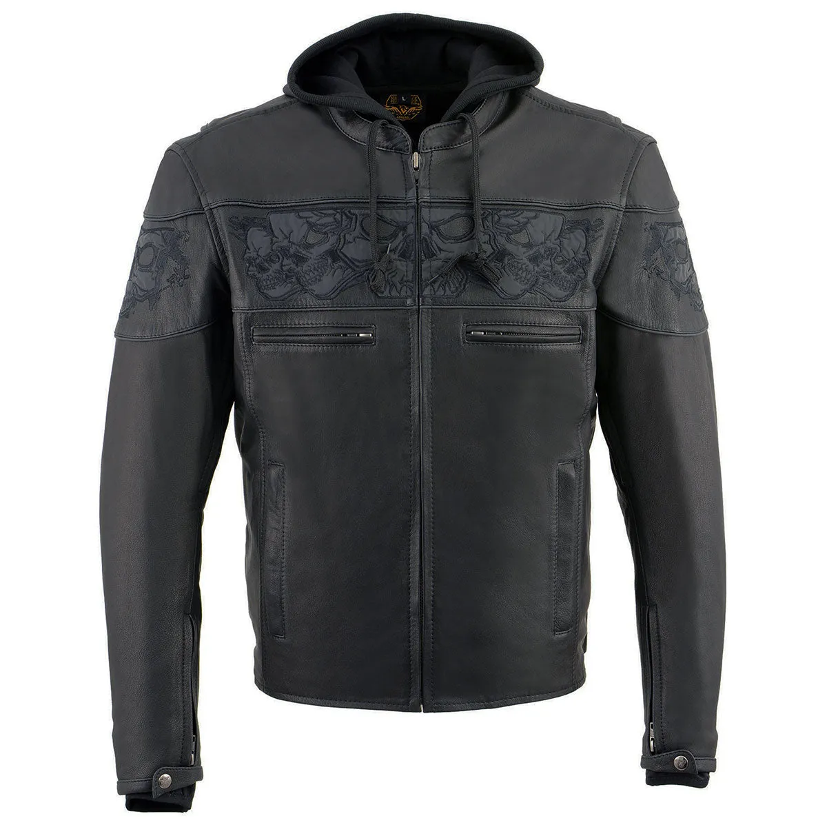 MLM1563 Men's Black Leather Scooter Style Motorcycle Jacket with Reflective Skulls w/ Hoodie