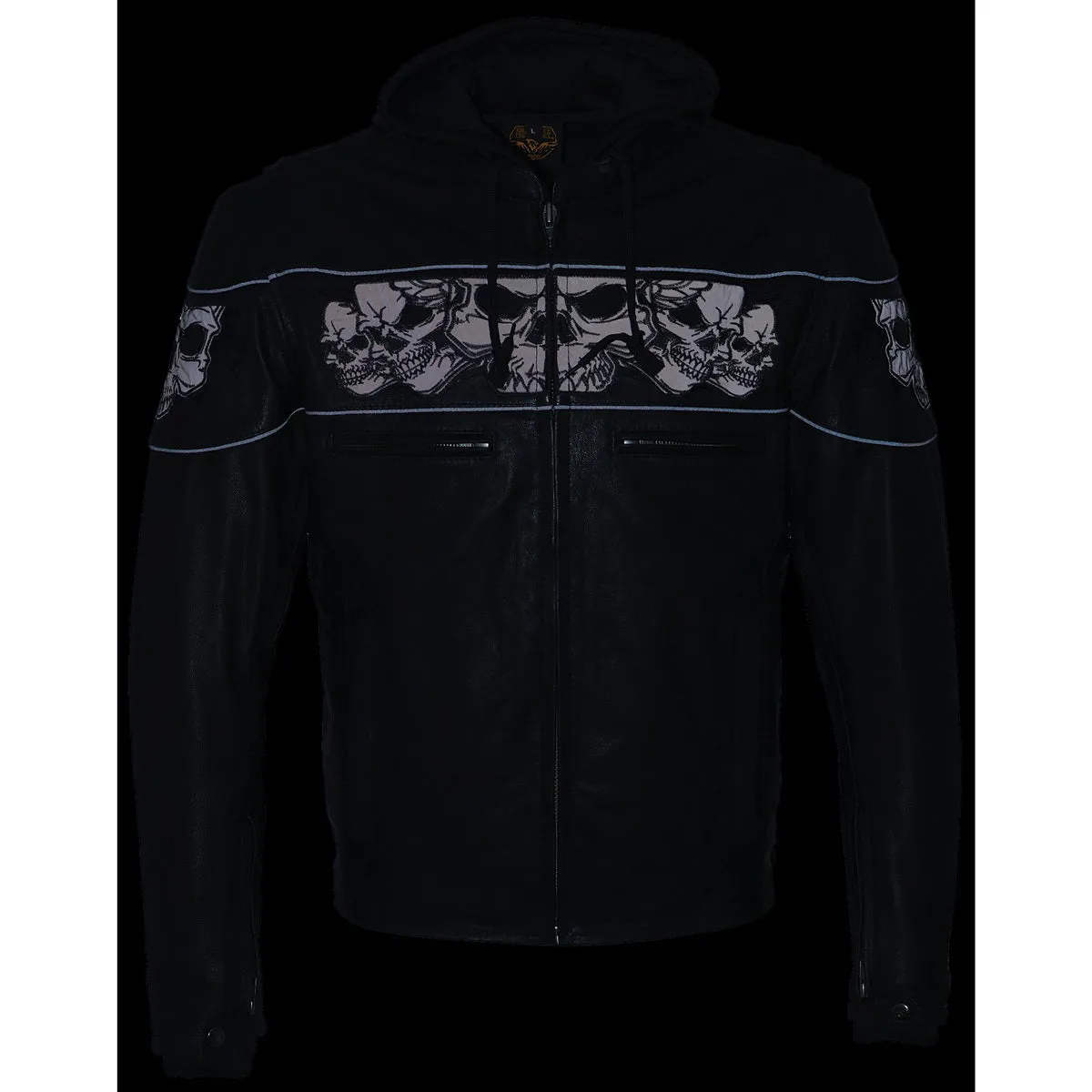 MLM1563 Men's Black Leather Scooter Style Motorcycle Jacket with Reflective Skulls w/ Hoodie