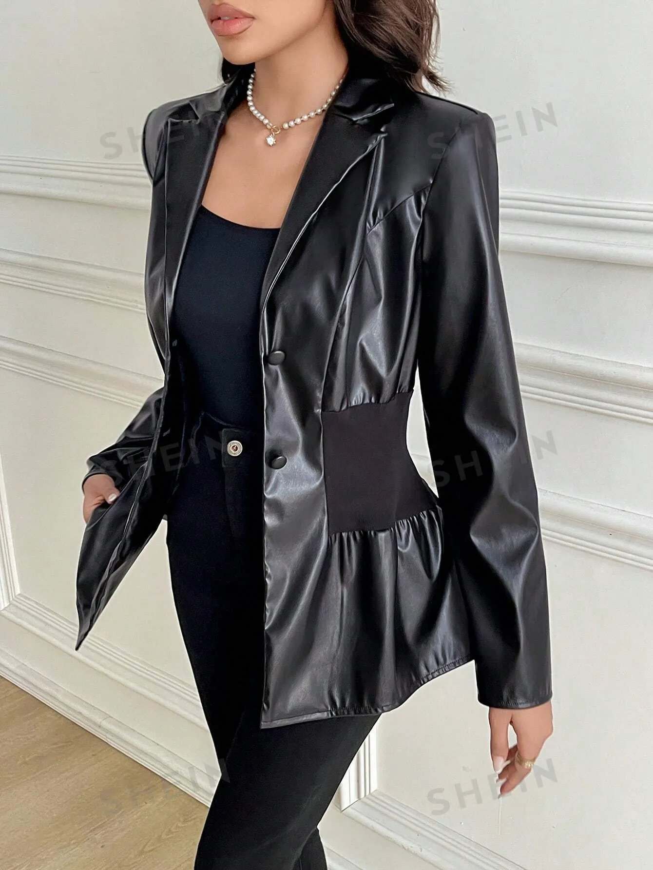 Modely Women's Solid Color Lapel Neck Long Sleeve PU Leather Cinched Waist Regular Jacket, Autumn
