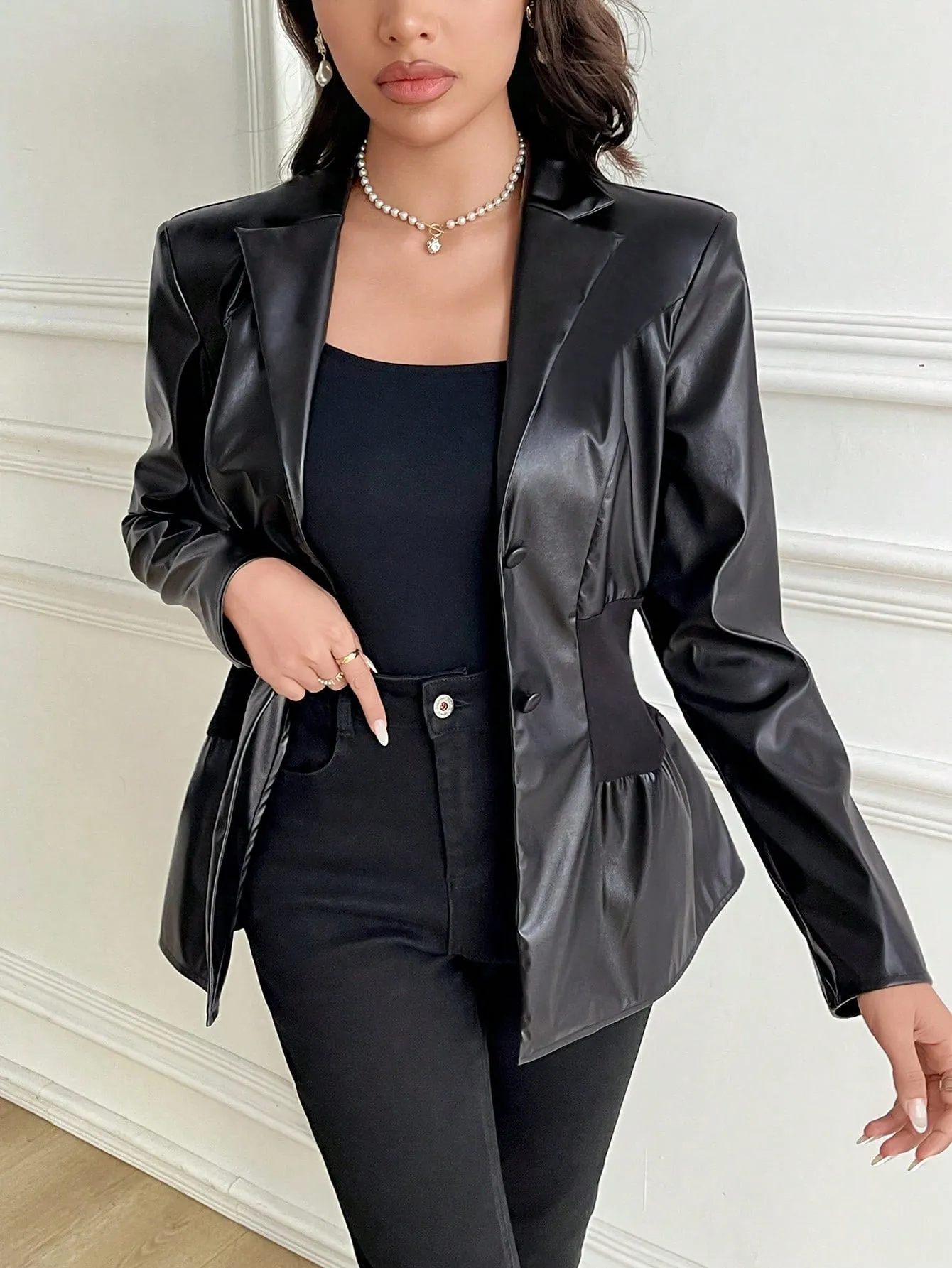 Modely Women's Solid Color Lapel Neck Long Sleeve PU Leather Cinched Waist Regular Jacket, Autumn