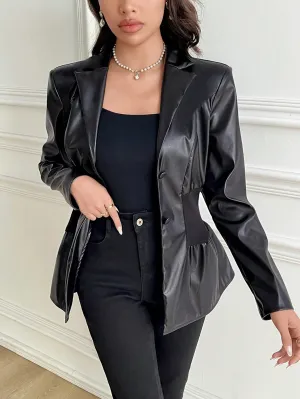 Modely Women's Solid Color Lapel Neck Long Sleeve PU Leather Cinched Waist Regular Jacket, Autumn