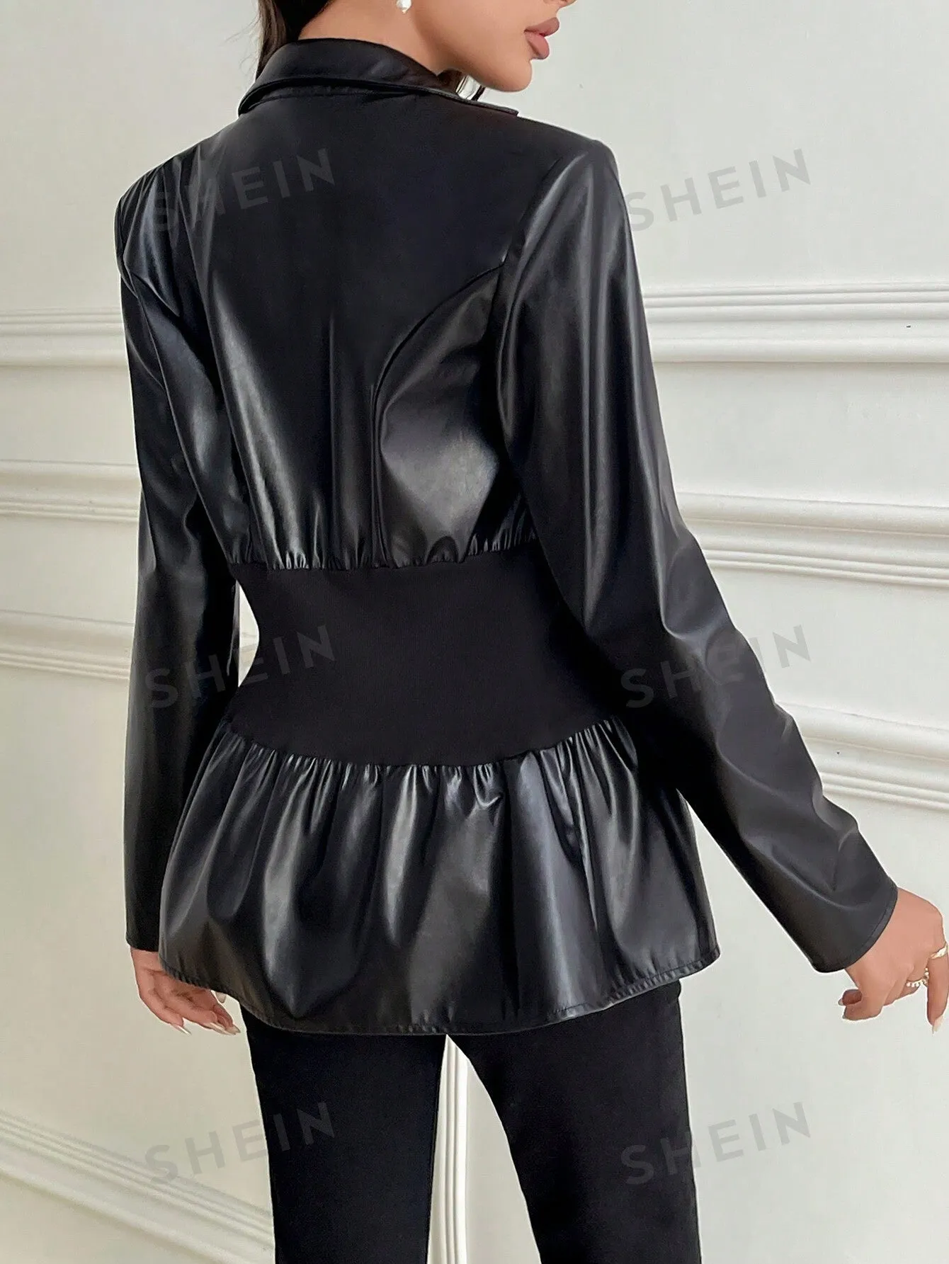 Modely Women's Solid Color Lapel Neck Long Sleeve PU Leather Cinched Waist Regular Jacket, Autumn