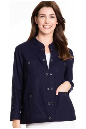Multiples - 3/4 Sleeve, Stand Collar 4 Pocket Jacket with Embellishment - Navy - M13210JM