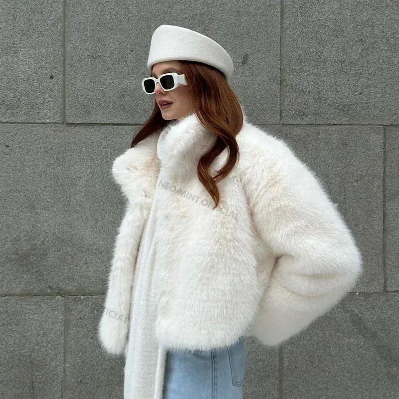 Neo Mint 2024 Winter Women Yellow Faux Fur Jacket Chic Girls Fashion Streetwear Thicken Warm Stand Collar Fox Fur Coat Outerwear