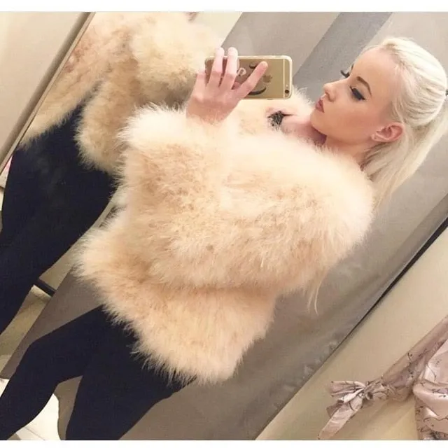 New Season's 100% Fluffy Feather Fever Fur Jackets Handmade Knitted Genuine Ostrich Fur Coat Women Retail Natural Fur Jacket