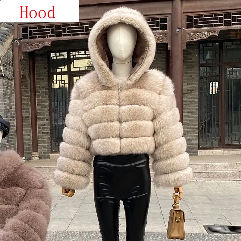 New Style Fur Coat Woman Real Fox Fur Coat Collar Hood Full Length Sleeves Natural Fur Jacket Autumn And Winter Clothing