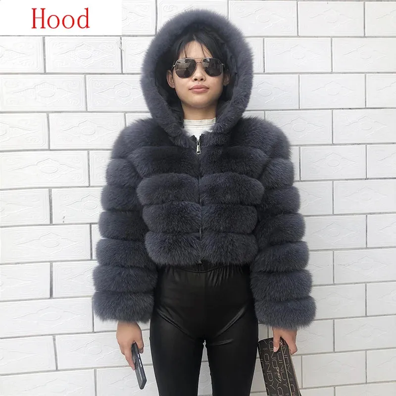 New Style Fur Coat Woman Real Fox Fur Coat Collar Hood Full Length Sleeves Natural Fur Jacket Autumn And Winter Clothing