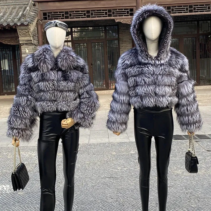 New Style Fur Coat Woman Real Fox Fur Coat Collar Hood Full Length Sleeves Natural Fur Jacket Autumn And Winter Clothing