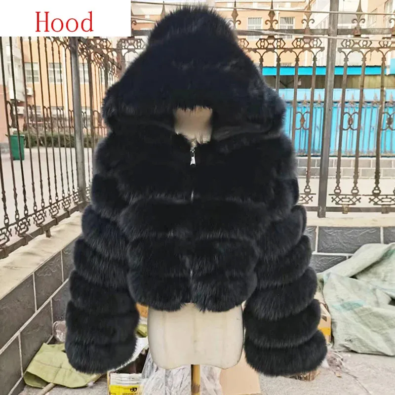New Style Fur Coat Woman Real Fox Fur Coat Collar Hood Full Length Sleeves Natural Fur Jacket Autumn And Winter Clothing