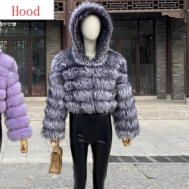 New Style Fur Coat Woman Real Fox Fur Coat Collar Hood Full Length Sleeves Natural Fur Jacket Autumn And Winter Clothing