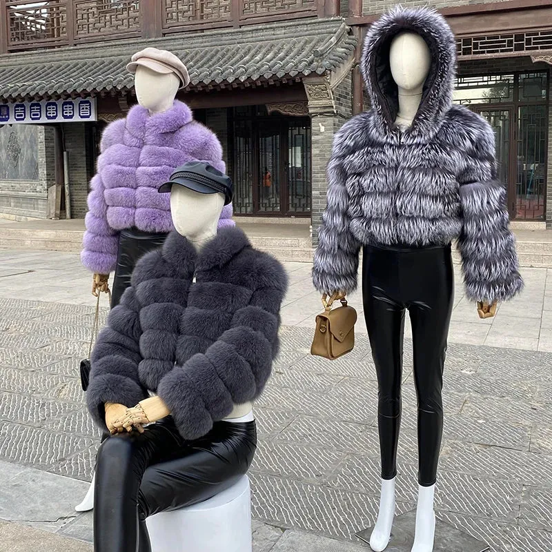 New Style Fur Coat Woman Real Fox Fur Coat Collar Hood Full Length Sleeves Natural Fur Jacket Autumn And Winter Clothing