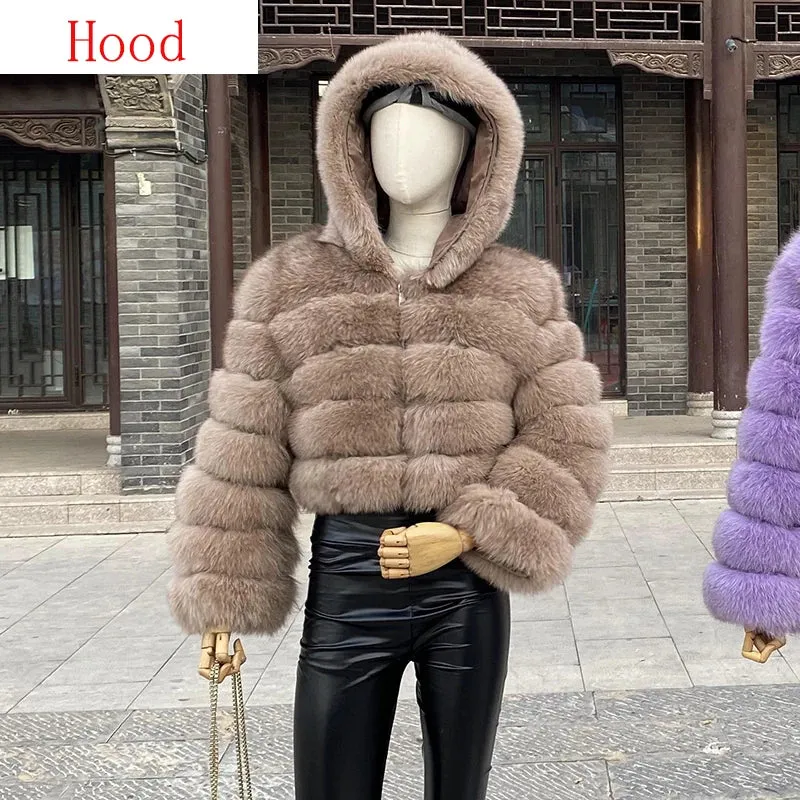 New Style Fur Coat Woman Real Fox Fur Coat Collar Hood Full Length Sleeves Natural Fur Jacket Autumn And Winter Clothing