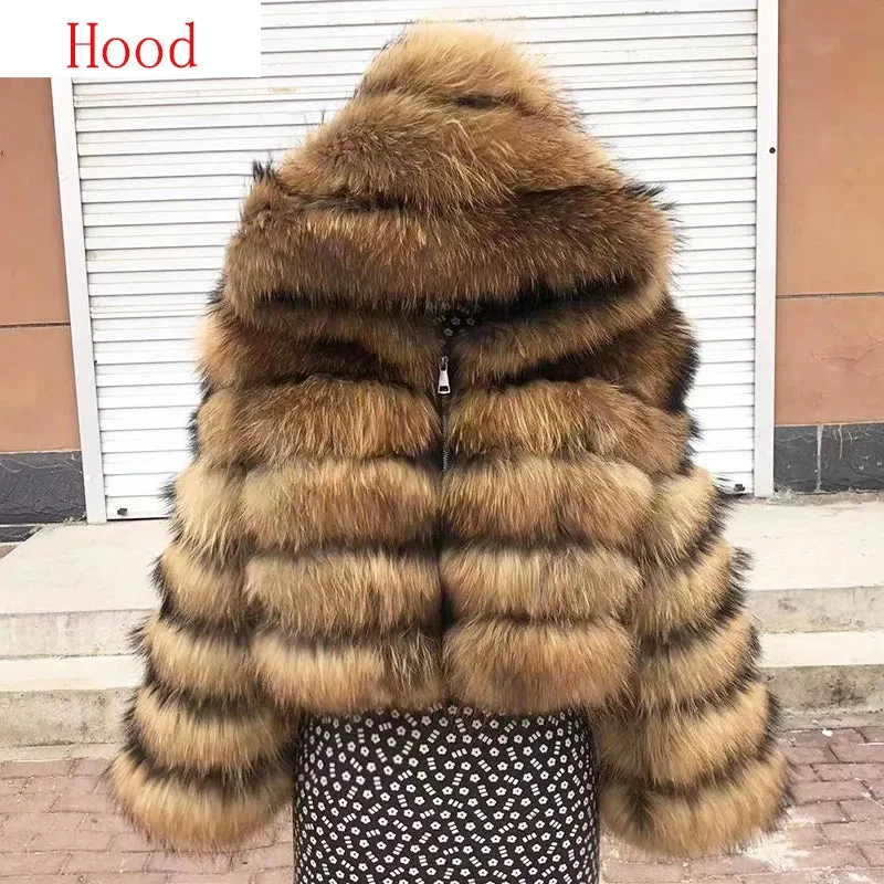 New Style Fur Coat Woman Real Fox Fur Coat Collar Hood Full Length Sleeves Natural Fur Jacket Autumn And Winter Clothing