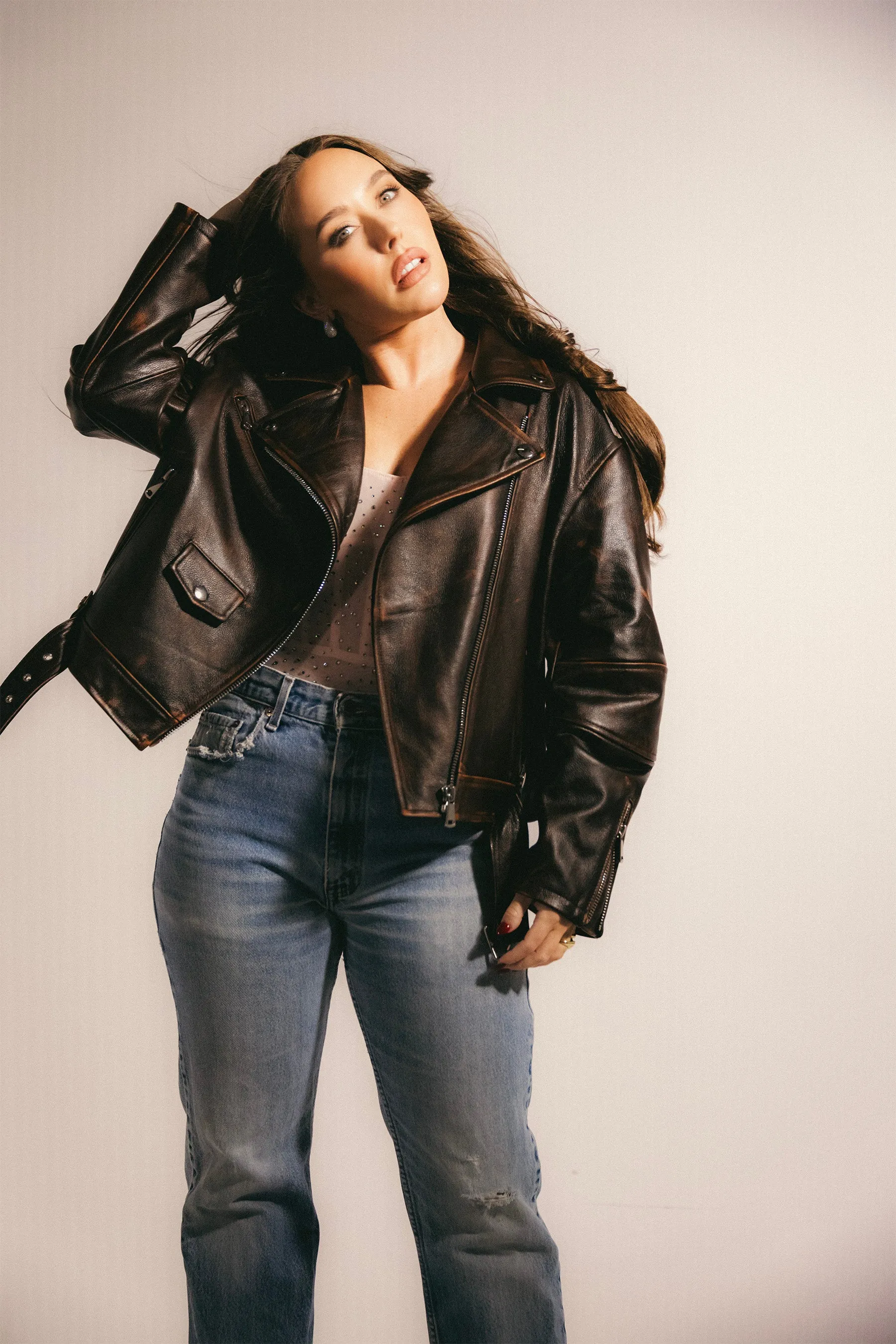 OFF DUTY MODEL DISTRESSED LEATHER MOTO JACKET