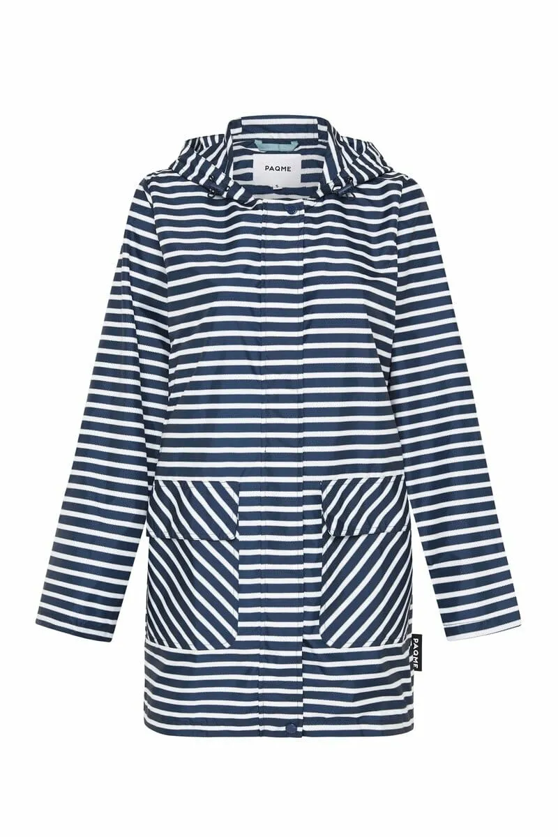Paqme Womens 3/4 Recycled Raincoat in Navy Stripe