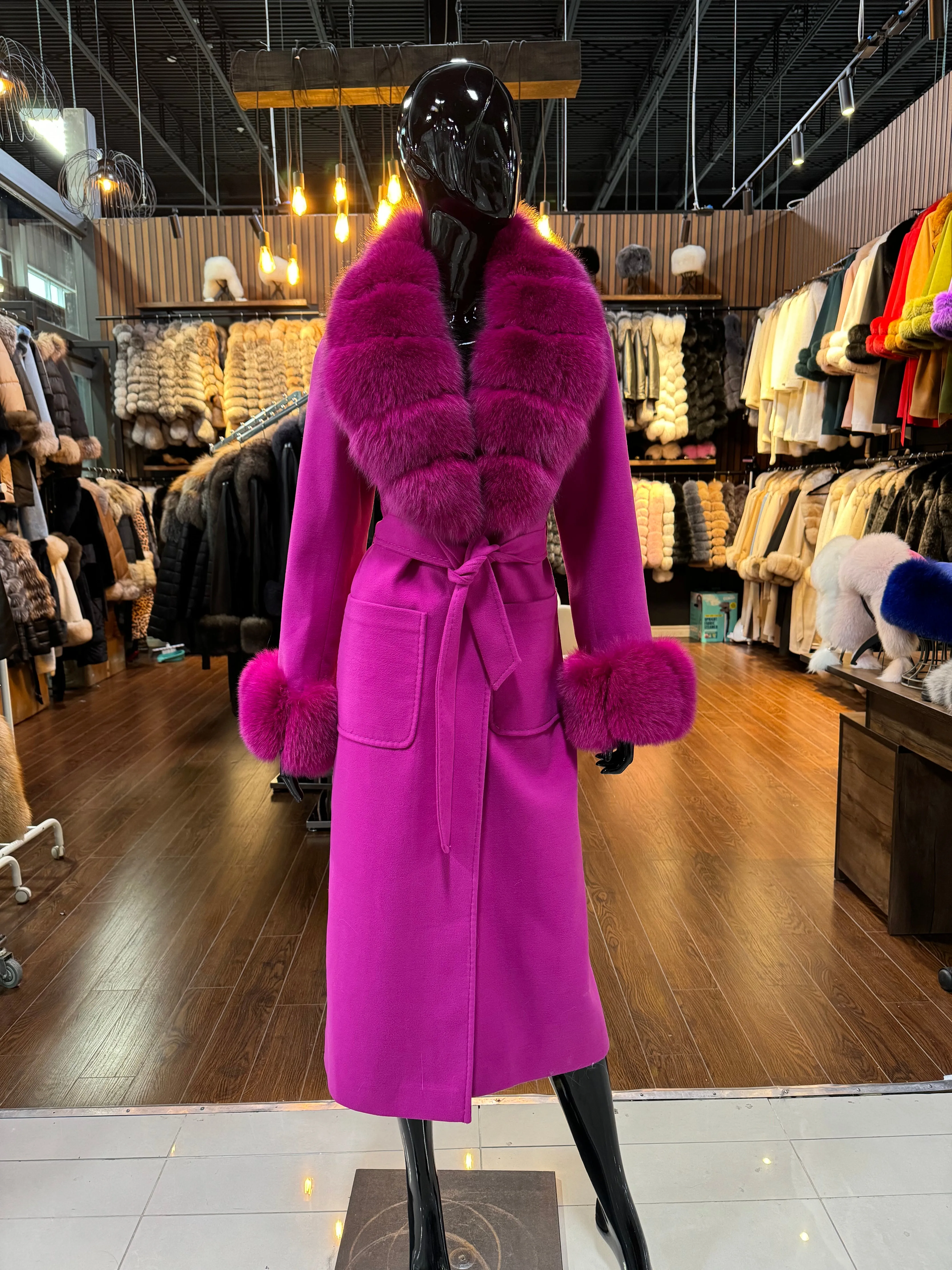 Pink cashmere and fox fur coat