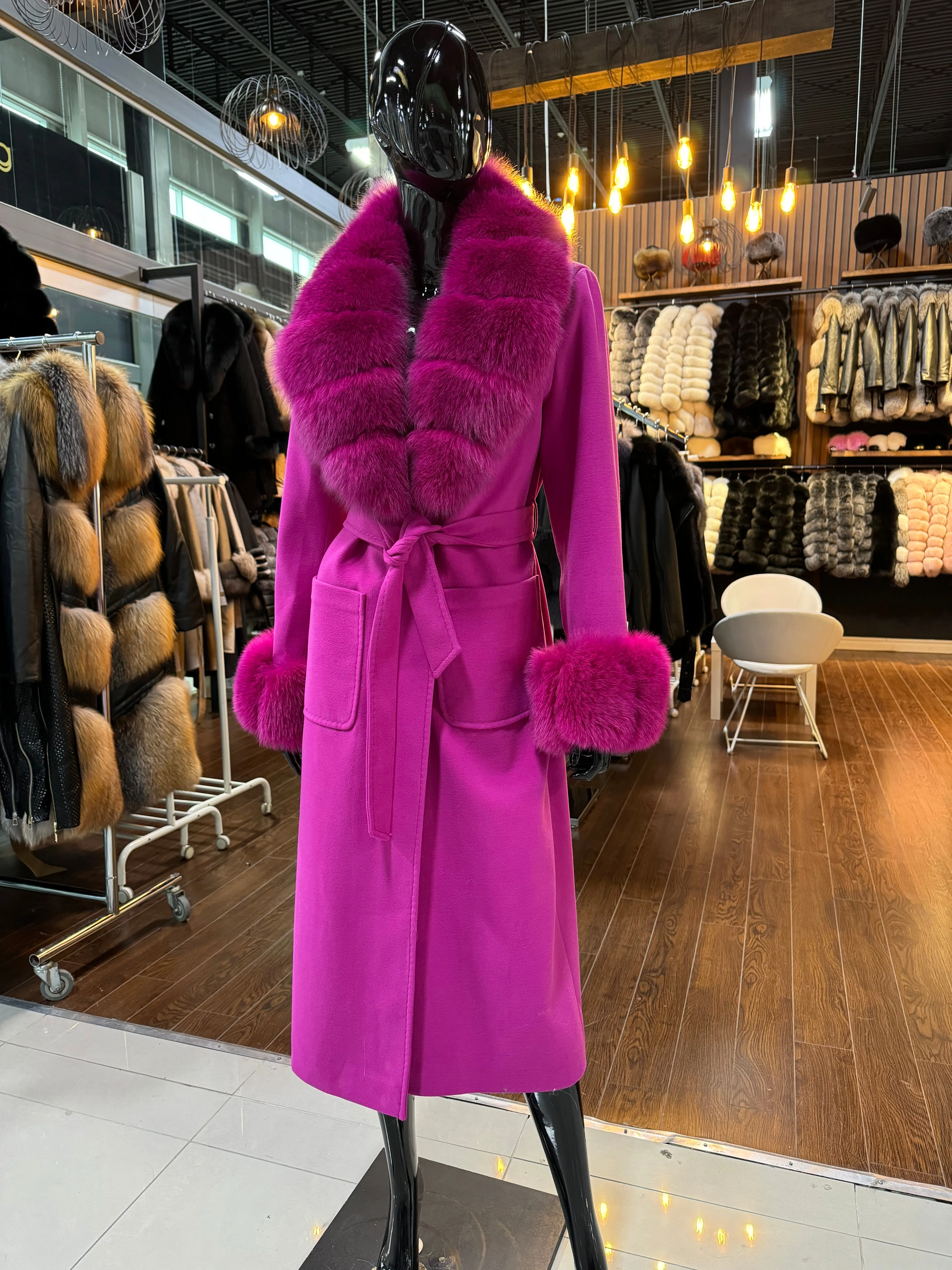 Pink cashmere and fox fur coat
