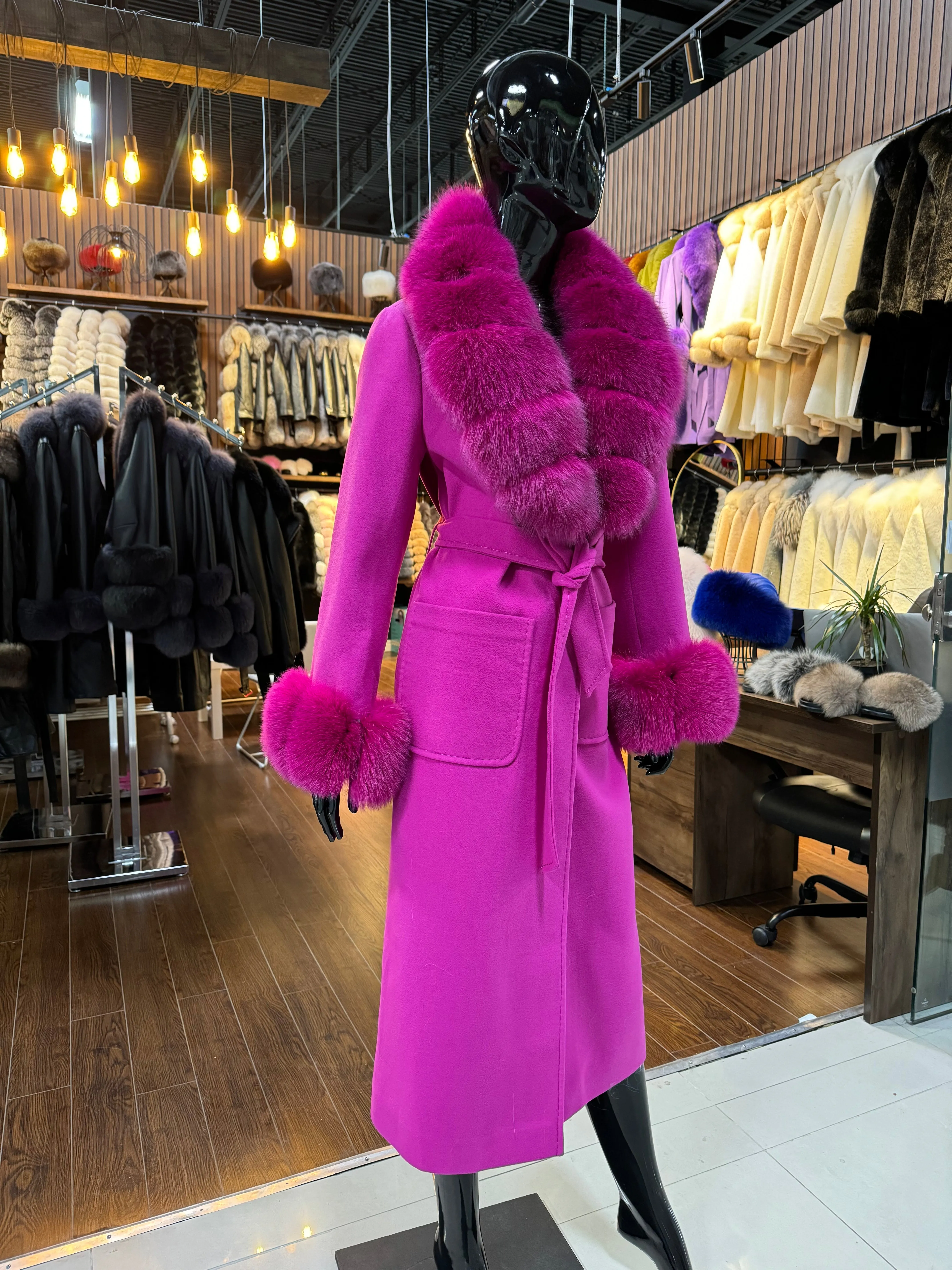 Pink cashmere and fox fur coat