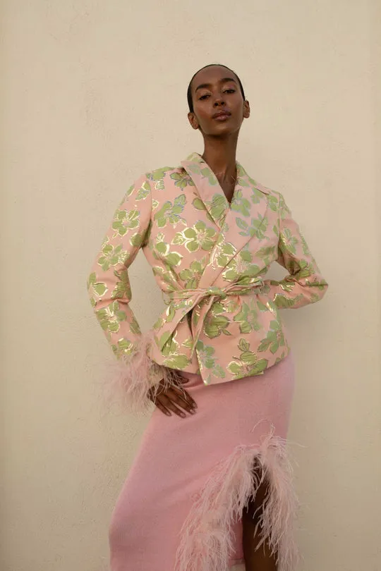 Pink Jacquard Jacket With Detachable Feather Cuffs