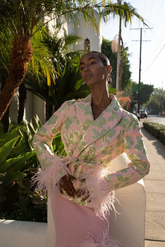 Pink Jacquard Jacket With Detachable Feather Cuffs