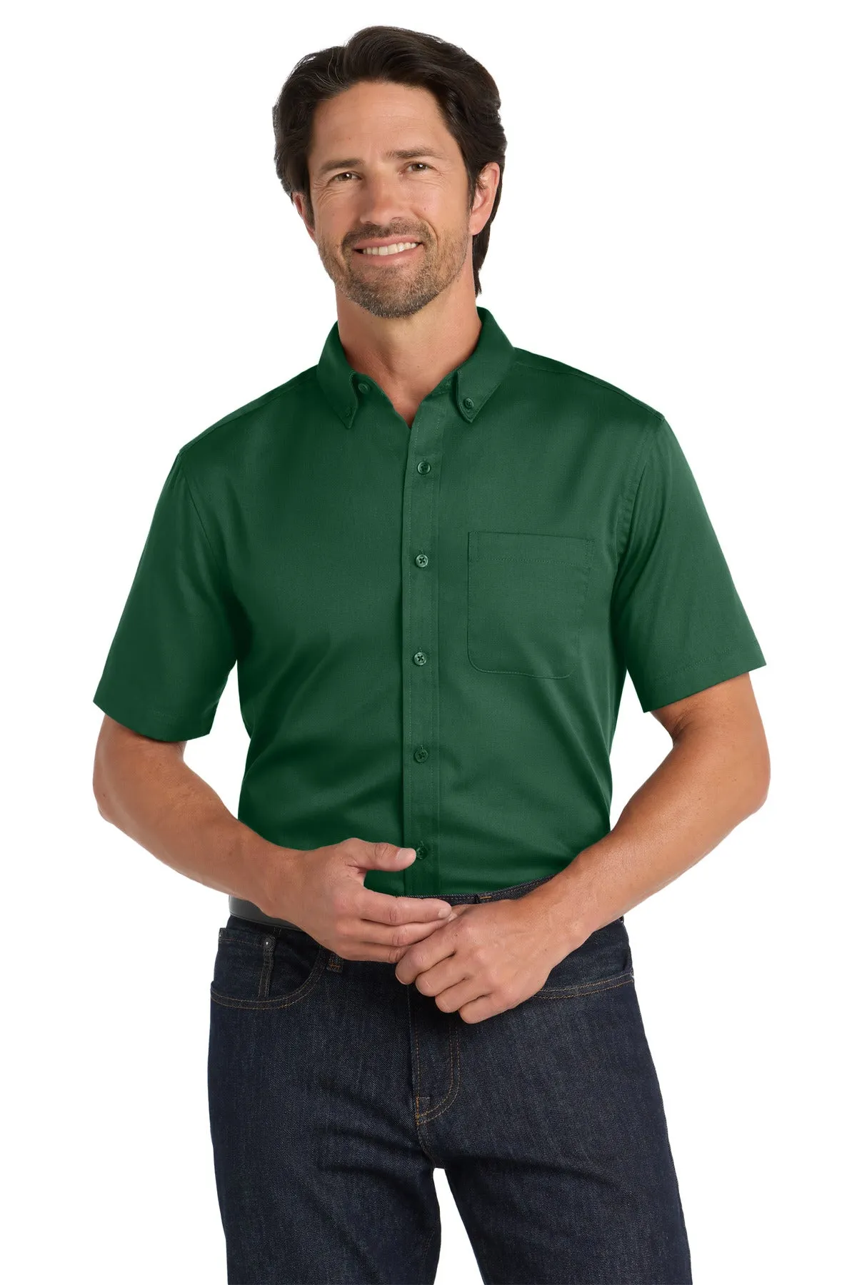 Port Authority Short Sleeve SuperPro React Twill Shirt. W809 Dark Green