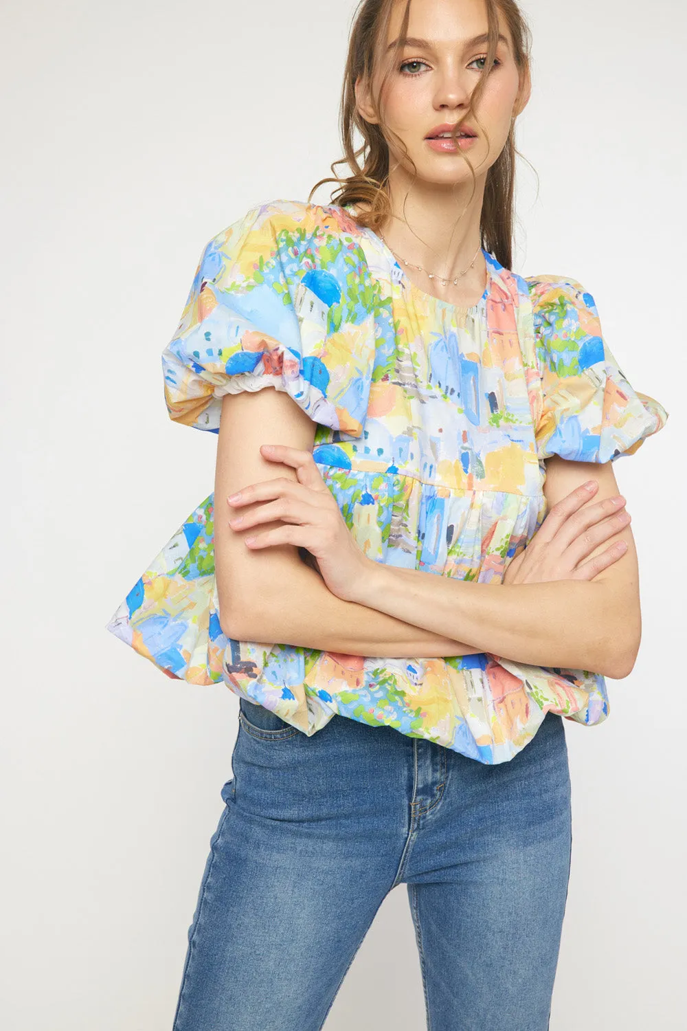 Print round neck puff sleeve peplum top featuring bubble hem