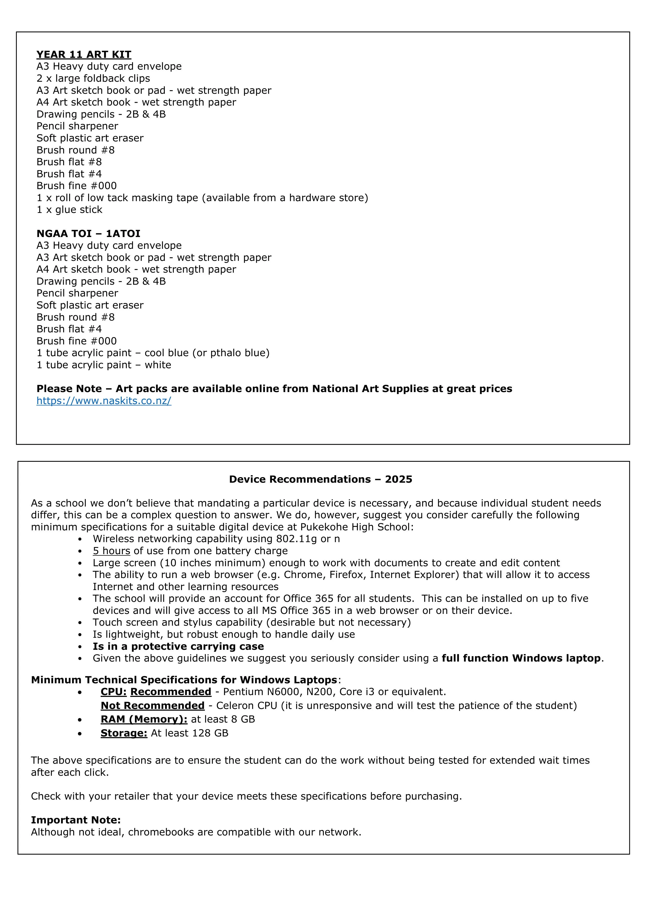 Pukekohe High School Stationery Pack 2025 Year 11